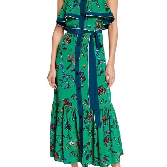 100% Silk Derek Lam 10 Crosby Floral Green Maxi Dress size Large - Picture 2 of 7